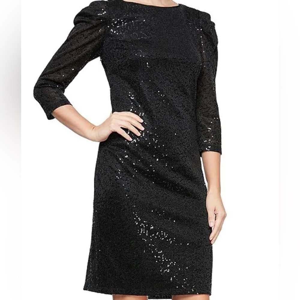 SLNY Black Formal Dress Sz 10, 12, 14W, 16,18 Black Shoulder Long Sleeves Sequin - Picture 3 of 7